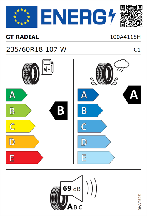 Tyre Label for GT Radial FE2 SUV 235/60R18 107W