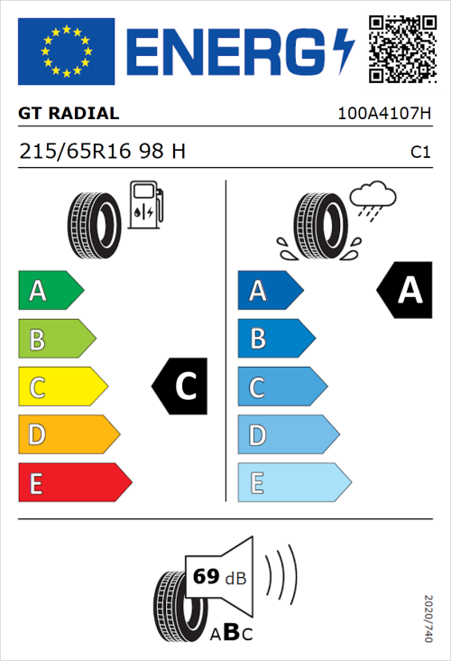 Tyre Label for GT Radial FE2 SUV 215/65R16 98H