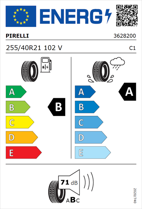 Tyre Label for Pirelli P Zero (PZ4) Sport Car 255/40R21 102V