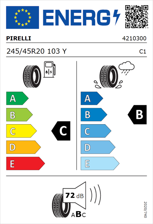 Tyre Label for Pirelli P Zero (PZ4) Sport Car 245/45R20 103Y