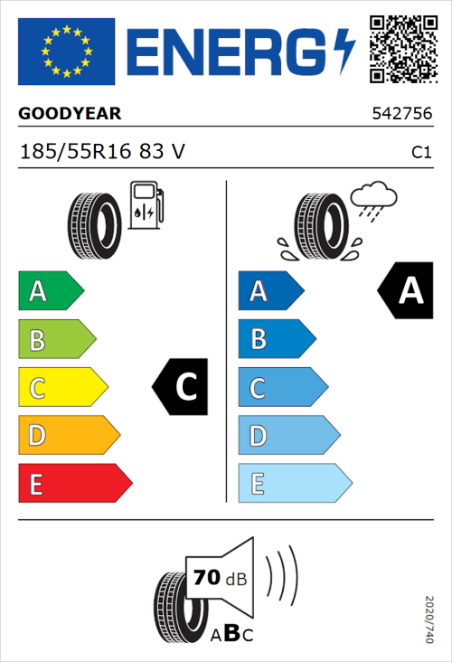 Tyre Label for Goodyear EfficientGrip Performance 185/55R16 83V